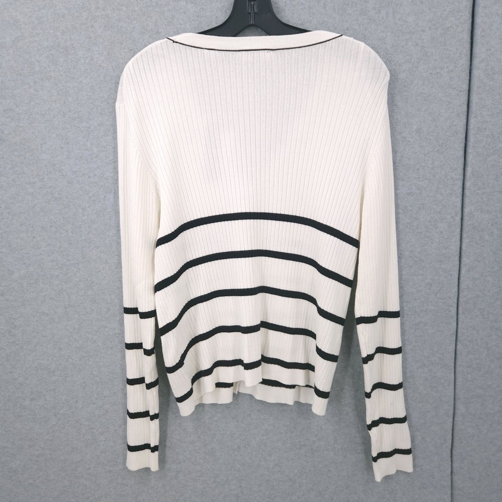 T Tahari Knit V Neck Cardigan White Black Stripe Sweater Button Front Womens M - Picture 6 of 6